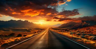 Asphalt road stretching into the distance, mountain sunset - AI generated image photo