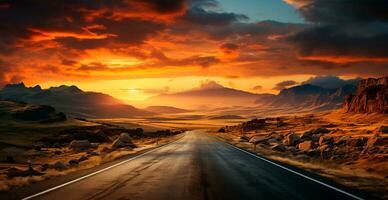 Asphalt road stretching into the distance, mountain sunset - AI generated image photo