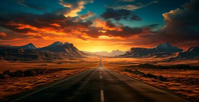 Asphalt road stretching into the distance, mountain sunset - AI generated image photo