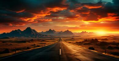 Asphalt road stretching into the distance, mountain sunset - AI generated image photo