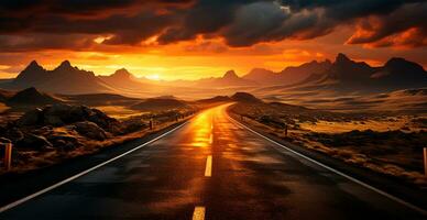 Asphalt road stretching into the distance, mountain sunset - AI generated image photo