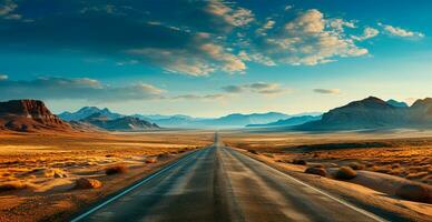 asfalto la carretera yendo dentro el distancia, montaña paisaje - ai generado imagen foto