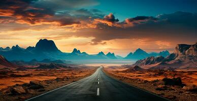 Asphalt road going into the distance, mountain landscape - AI generated image photo