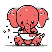 Cute elephant eating soup. Vector illustration in line art style.