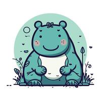 Cute cartoon hippo sitting on the grass. Vector illustration.