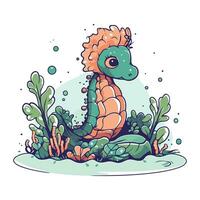 Cute cartoon seahorse in the seaweed. Vector illustration.