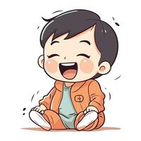Cute little boy laughing and sitting on floor. Vector illustration.