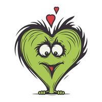 Vector illustration of funny green heart with eyes and hands isolated on white background.