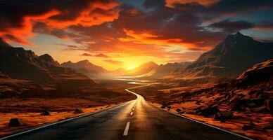 Asphalt road stretching into the distance, mountain sunset - AI generated image photo