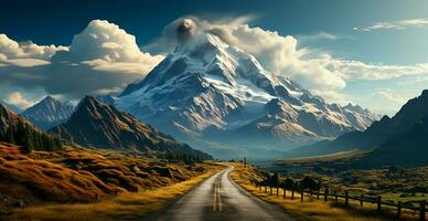 Asphalt road stretching into the distance, mountain snowy landscape - AI generated image photo