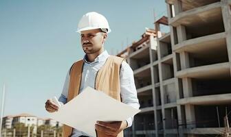 un contento construcción trabajador participación un Plano y vistiendo un difícil sombrero. creando utilizando generativo ai herramientas foto