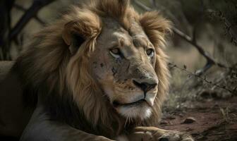 The lone lion lies panting after the chase Creating using generative AI tools photo