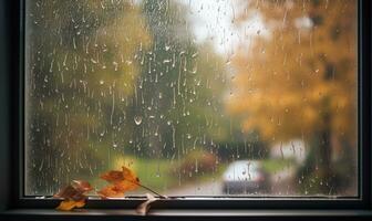 Autumn leaves dance in the rain outside the window photo