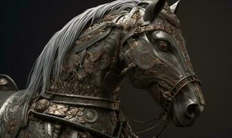 With noble grace and steadfast determination, the anthropomorphic horse commands the battlefield in military armor. Creating using generative AI tools photo