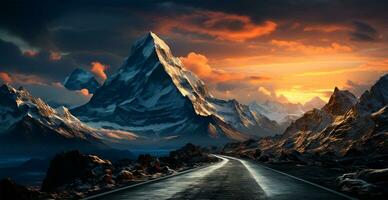 Asphalt road stretching into the distance, mountain snowy landscape - AI generated image photo