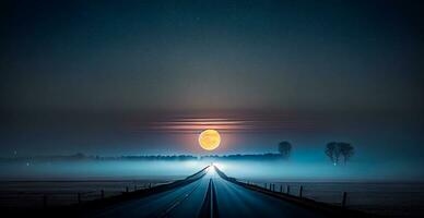 Asphalt road stretching into the distance, night landscape - AI generated image photo