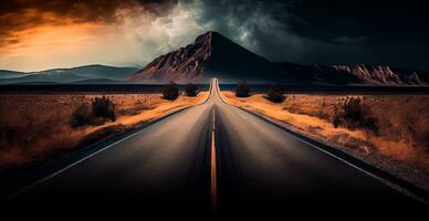 Asphalt road stretching into the distance, cloudy landscape - AI generated image photo
