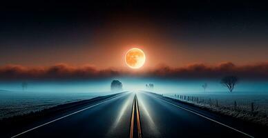 Asphalt road stretching into the distance, night landscape - AI generated image photo