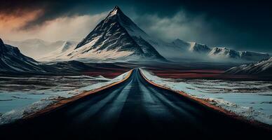 Asphalt road stretching into the distance, mountain snowy landscape - AI generated image photo