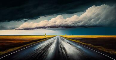 Asphalt road stretching into the distance, cloudy landscape - AI generated image photo