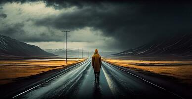 An asphalt road stretching into the distance, a man walking along the road - AI generated image photo