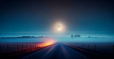 Asphalt road stretching into the distance, night landscape - AI generated image photo