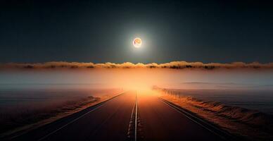 Asphalt road stretching into the distance, night landscape - AI generated image photo