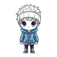 Cute cartoon boy in winter clothes isolated on white background. Vector illustration.