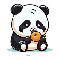 linda panda sentado y jugando con naranja. vector ilustración.