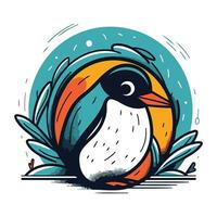 Cute penguin in a circle of leaves. Vector illustration.