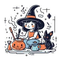Cute girl in witch costume preparing potion. Halloween vector illustration.