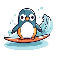 Cute penguin on a surfboard. Vector illustration in cartoon style.