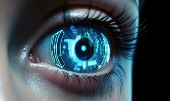 Close-up high-tech image of human eye. Technology concept. Creating using generative AI tools photo