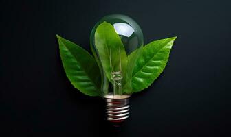 Nature-inspired eco-friendly lightbulb shines brightly, adorned with fresh and vibrant leaves. Creating using generative AI tools photo