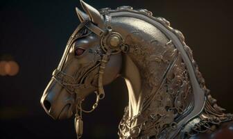 The regal presence of the anthropomorphic horse, clad in gleaming military armor, inspires awe. Creating using generative AI tools photo