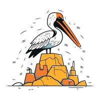 Pelican sitting on a rock. Vector illustration in cartoon style.