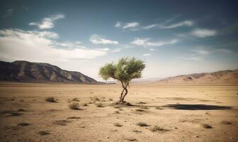 An isolated tree stands tall in the dry desert. photo