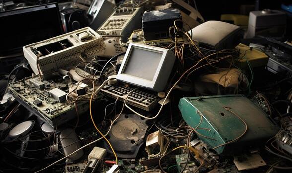 Pile of discarded electronics awaiting recycling photo
