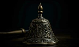 The dark background accentuates the elegance of the vintage hand bell. Creating using generative AI tools photo