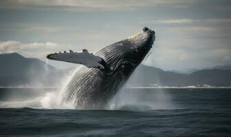 Massive whale soaring through the air in a dramatic display Creating using generative AI tools photo