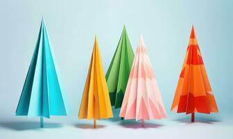 large paper trees arranged in colorful shapes on a color surface photo