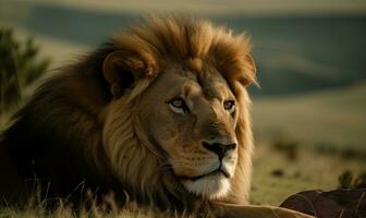 The lion lies alone, content after a satisfying meal Creating using generative AI tools photo