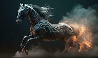 A striking black background sets the stage for a powerful fiery horse. Creating using generative AI tools photo