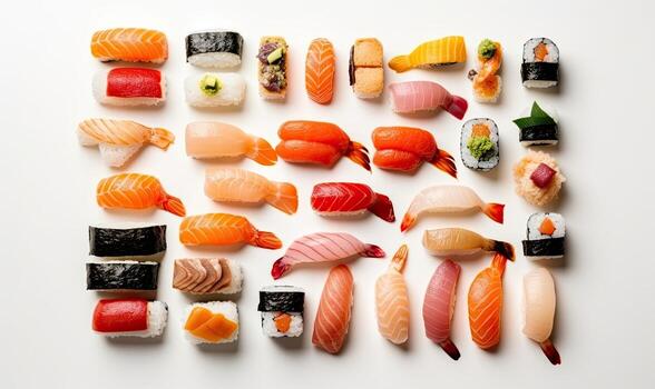 Nigiri and maki sushi pieces arranged in a decorative pattern. Creating using generative AI tools photo