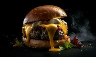 Juicy American burger, hamburger or cheeseburger with beef pattie photo