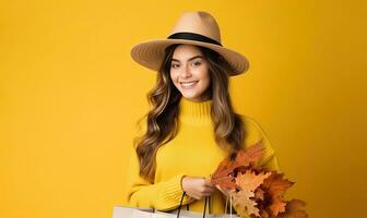 Warm and inviting autumn portrait of a happy young woman Creating using generative AI tools photo