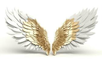 Elegant white feathered angel wings with a golden glow in the background Creating using generative AI tools photo