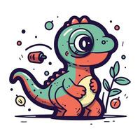 Cute cartoon dinosaur. Vector illustration. Cute doodle style.