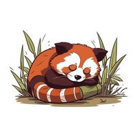 Cute red panda sleeping in the grass. Vector illustration.