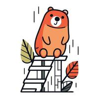 Cute bear sitting on a ladder. Flat style vector illustration.